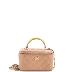 CC Top Handle Vanity Case with Chain Quilted Lambskin with Metal Small