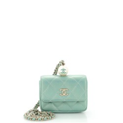 CC Pearl Coin Card Holder with Chain Quilted Iridescent Caviar