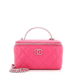 CC Top Handle Vanity Case with Chain Quilted Lambskin with Metal Small