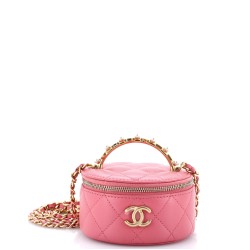 Pearl Logo Top Handle Round Vanity Case with Chain Quilted Lambskin Mini