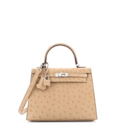 Kelly Handbag Brown Ostrich with Palladium Hardware 25