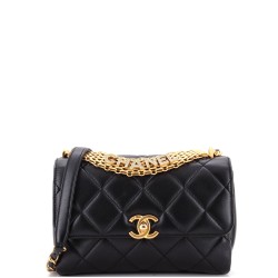 Crystal Logo Letters Chain Handle Flap Bag Quilted Lambskin Small