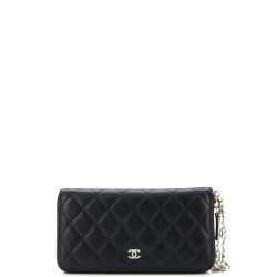 Zip Around Wallet with Pearl Chain Quilted Lambskin Long