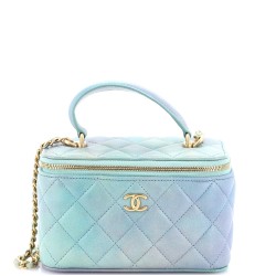 Classic Top Handle Vanity Case with Chain Quilted Iridescent Rainbow Lambskin Small