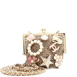 CC Charm Kisslock Frame Clutch with Chain Embellished Metal Mesh Mini