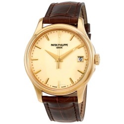 Calatrava Ivory Dial 18kt Yellow Gold Brown Leather Men's Watch 5227J-001
