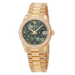 Datejust 31 Olive-Green Floral Motif Diamond Dial Automatic Ladies 18kt Yellow Gold President Watch M278288rbr-0038