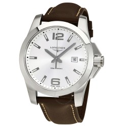 Conquest Silver Dial Brown Leather Men's 43mm Watch L37604765