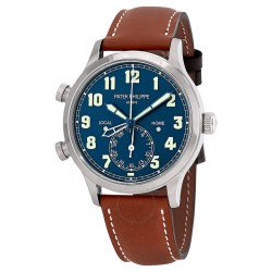 Pre-owned Patek Philippe Calatrava Pilot Travel Time Blue Varnished Dial Men's Watch 5524G-001